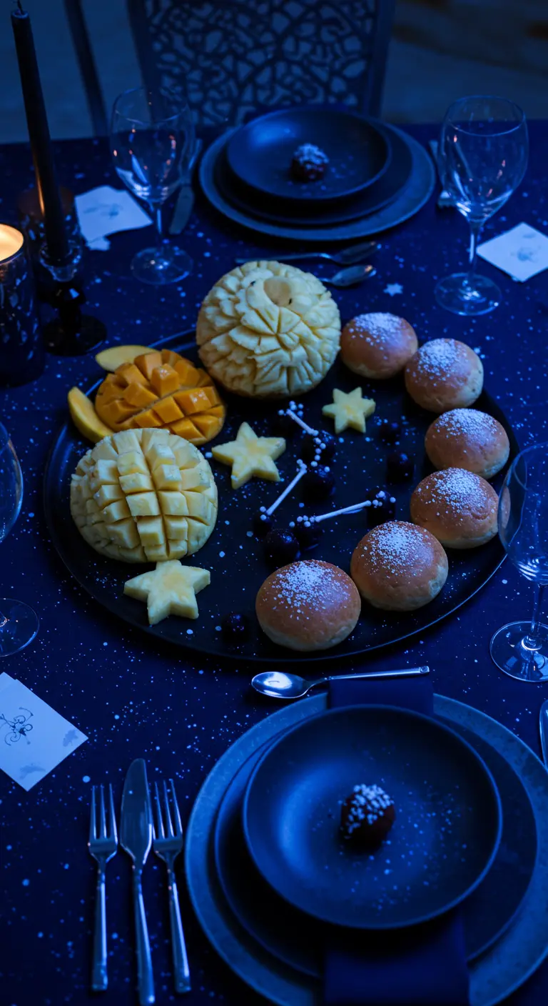 Table de dîner bleu nuit avec fruits sculptés, petits pains ronds et étoiles de carambole.