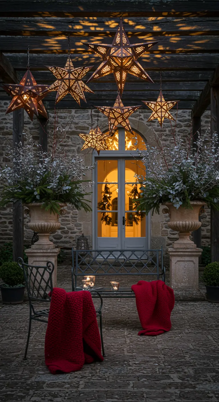 Terrasse avec des lanternes en forme d'étoile, de grandes urnes et des plaids rouges.