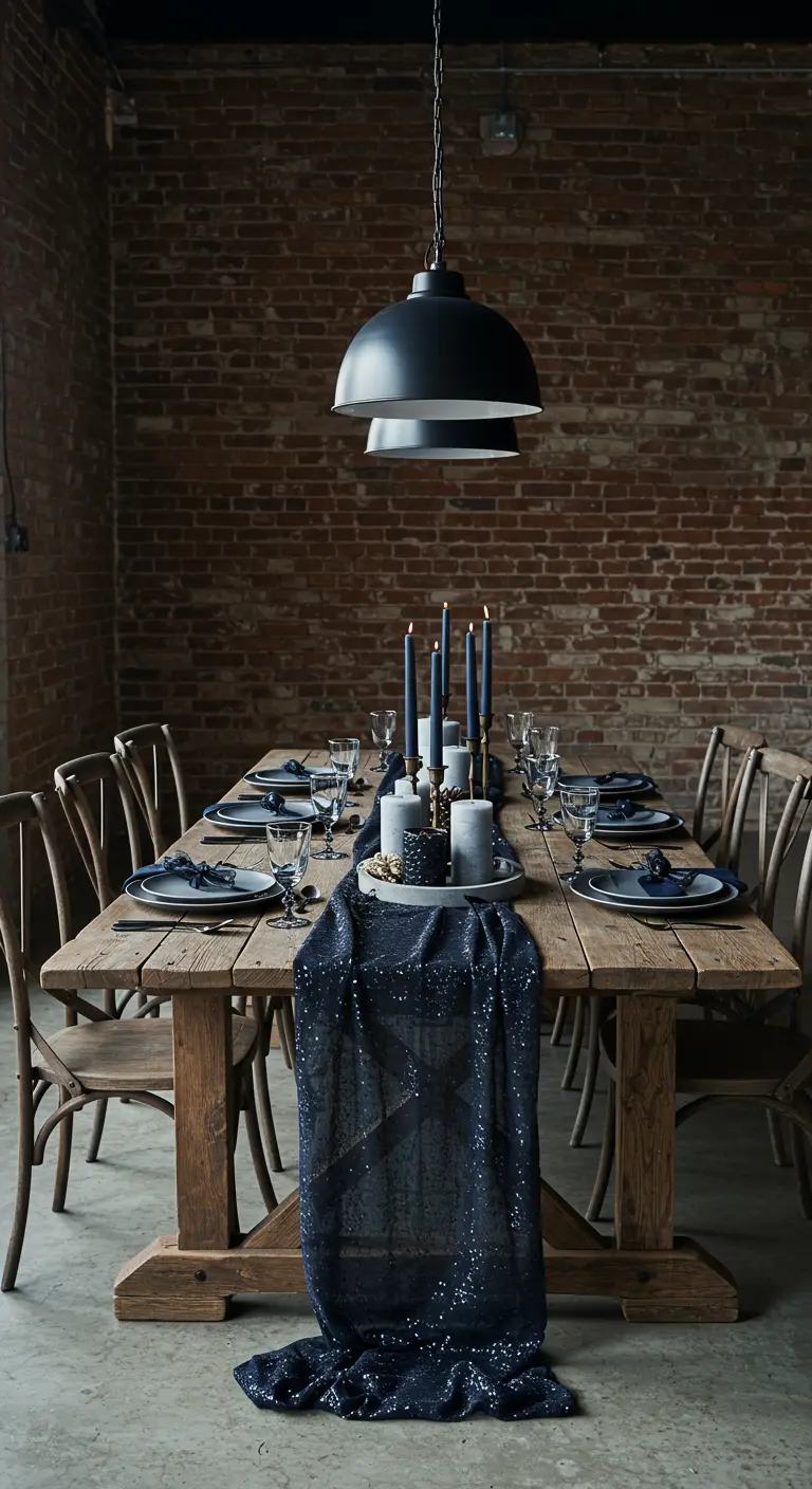 Table rustique en bois avec un chemin de table à sequins bleu nuit et des bougies bleues.