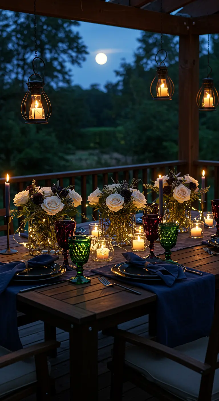 Table de nuit sur une terrasse avec bouquets de roses, bougies, lanternes et verres rouges/verts.