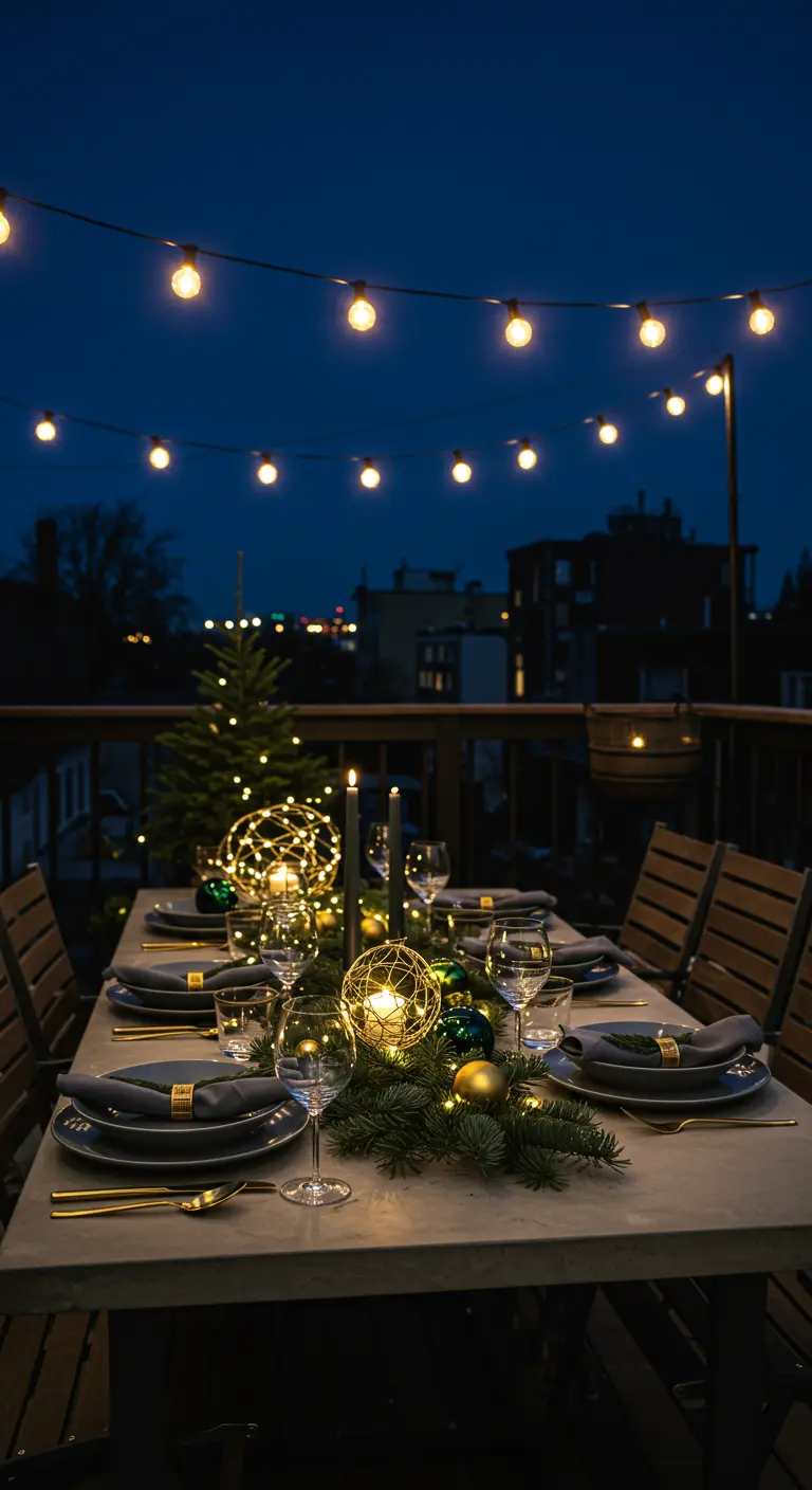 Table de balcon avec branches de sapin, orbes lumineux, bougies sombres sous guirlandes lumineuses.