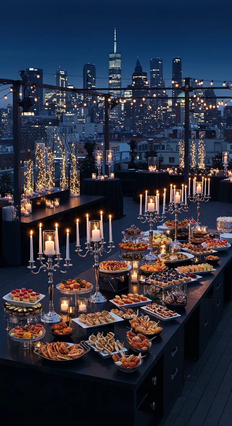 Buffet élégant sur un rooftop, skyline illuminée, guirlandes lumineuses et candélabres.