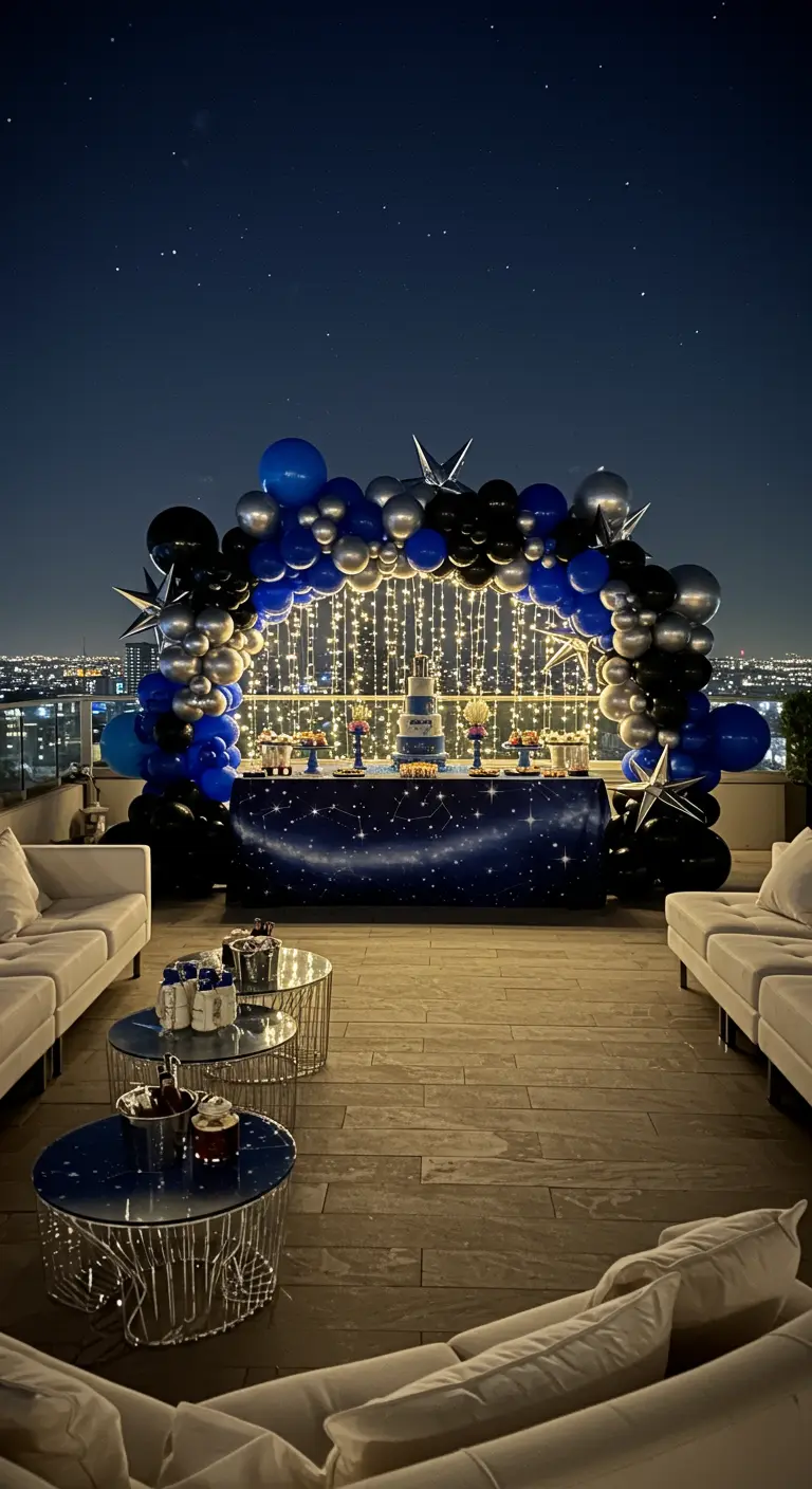 Arche de ballons bleu, noir et argent sur un rooftop avec vue sur la ville.