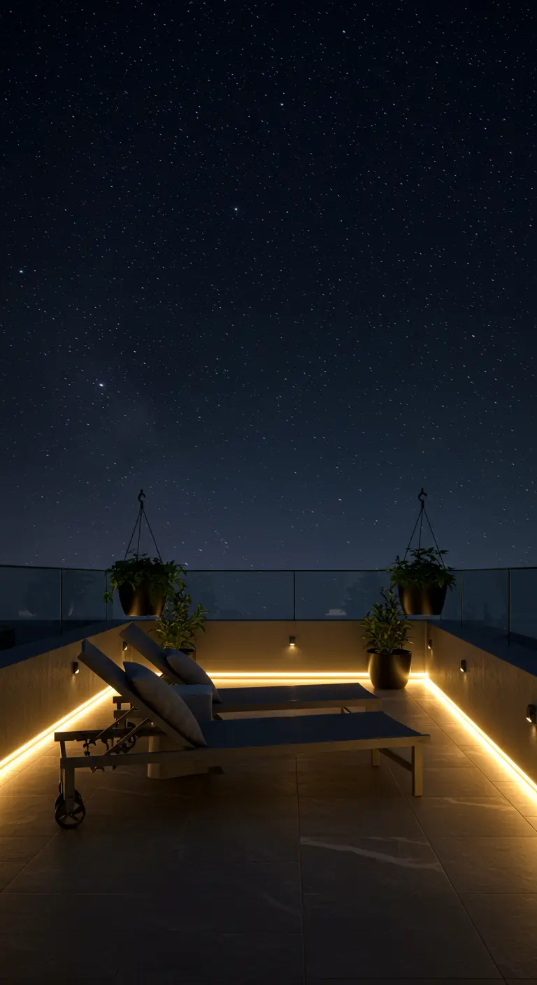 Rooftop moderne avec des chaises longues et un éclairage LED au sol.