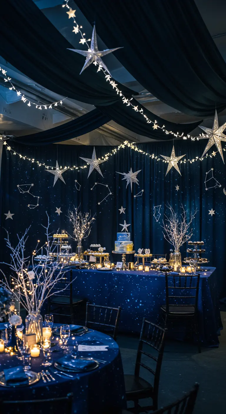 Décoration de fête thème nuit étoilée avec draperies bleues, étoiles lumineuses et branches blanches.
