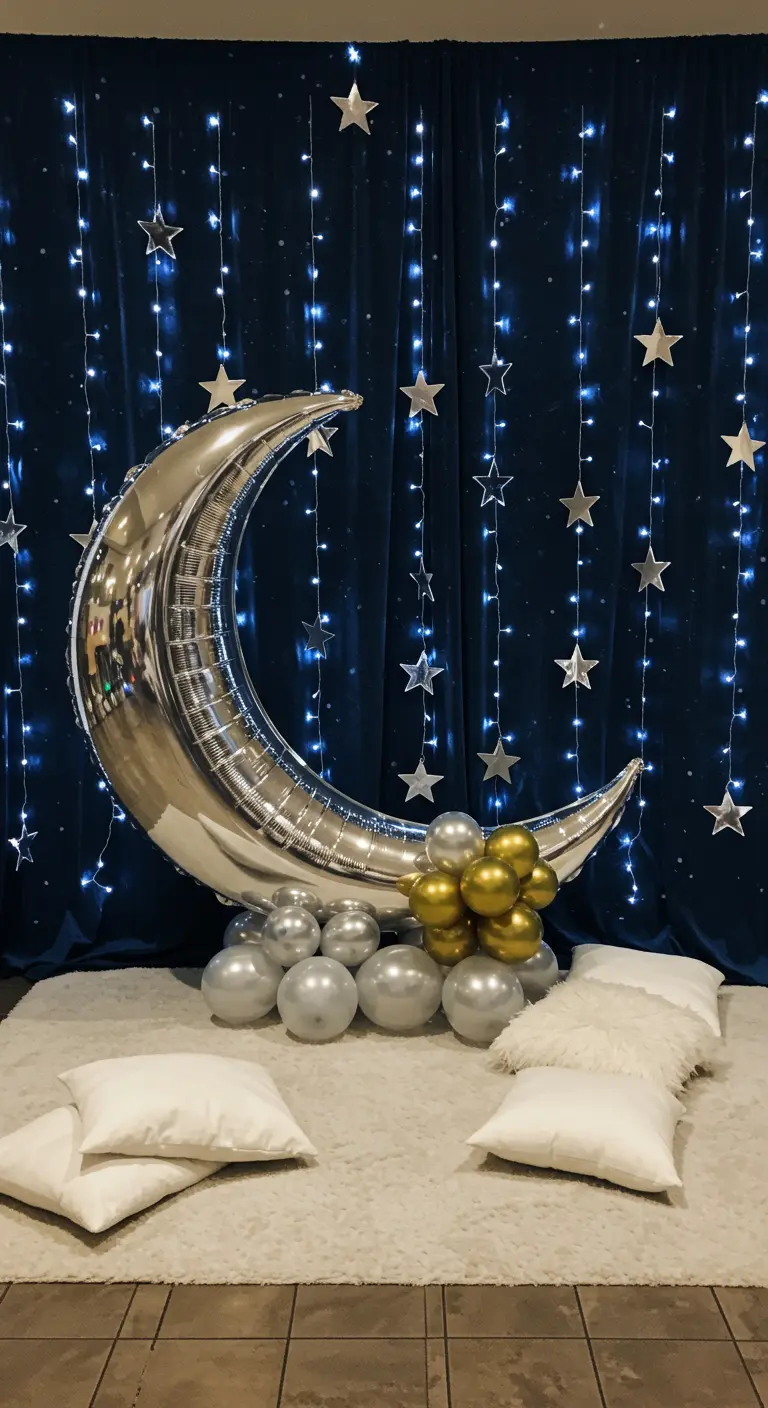 Photobooth thème nuit étoilée avec un fond bleu, un ballon lune, et des guirlandes lumineuses.