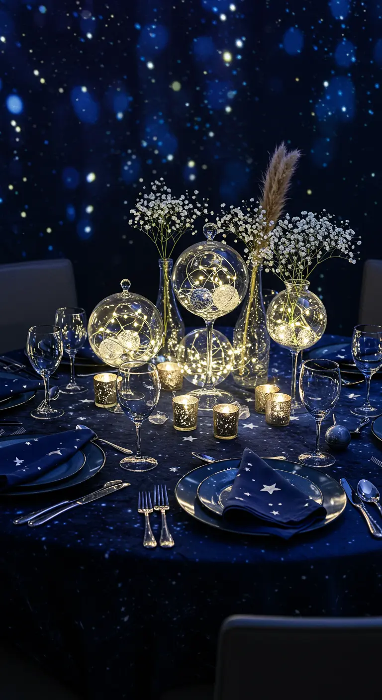 Table de dîner à thème céleste avec des sphères en verre lumineuses, baby's breath et nappe étoilée.