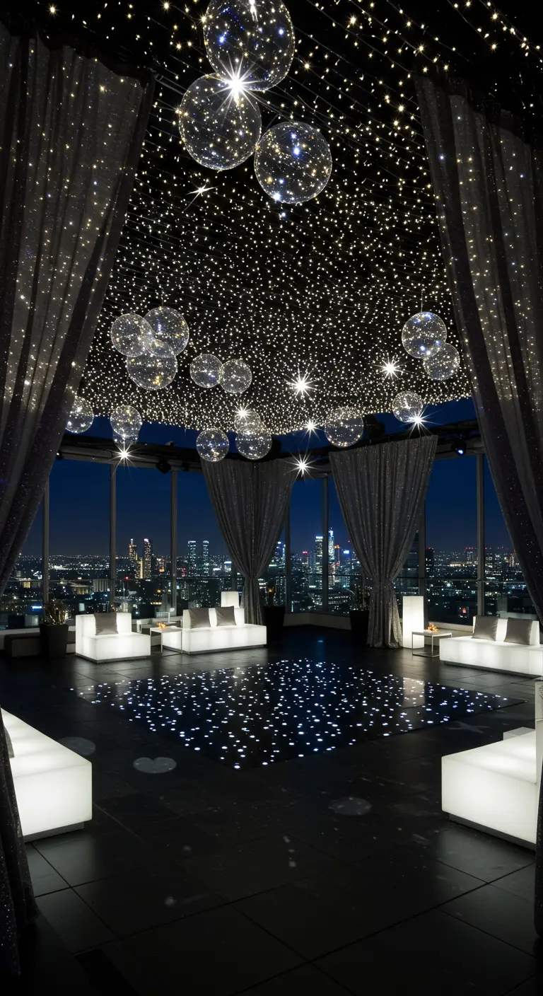 Salle de bal avec plafond étoilé, boules lumineuses et vue sur une ville la nuit.