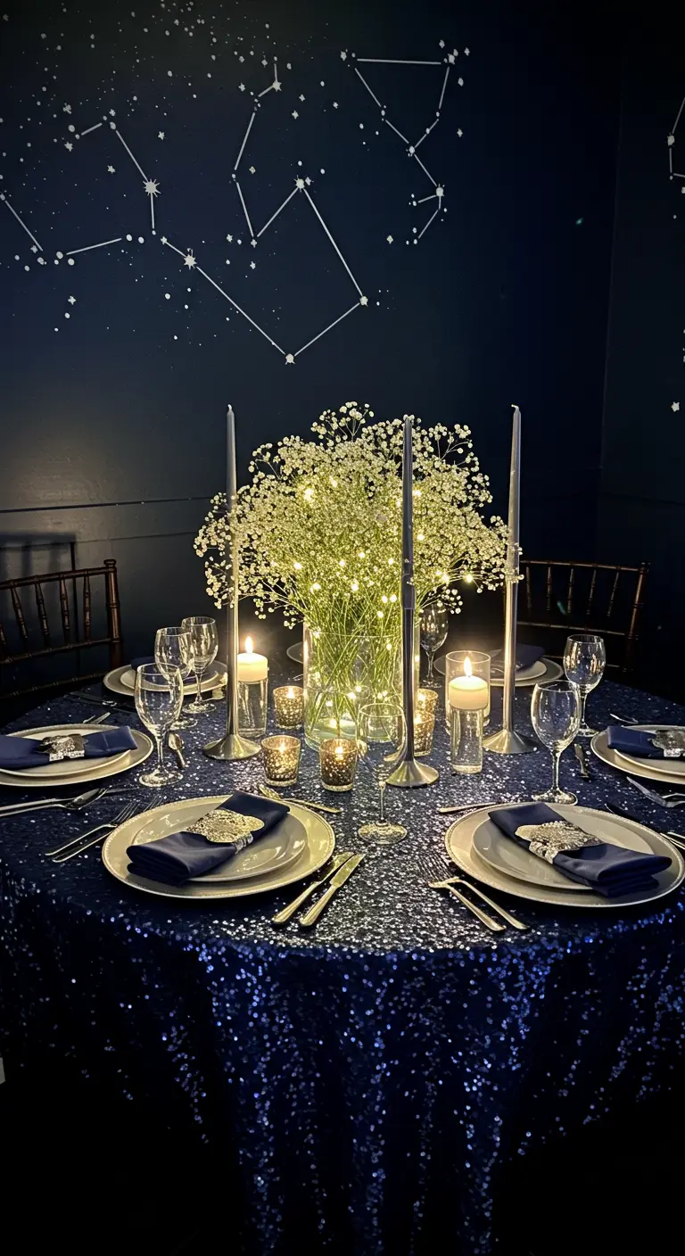 Table de fête sur le thème de la nuit étoilée avec nappe à sequins bleus et centre de table lumineux.