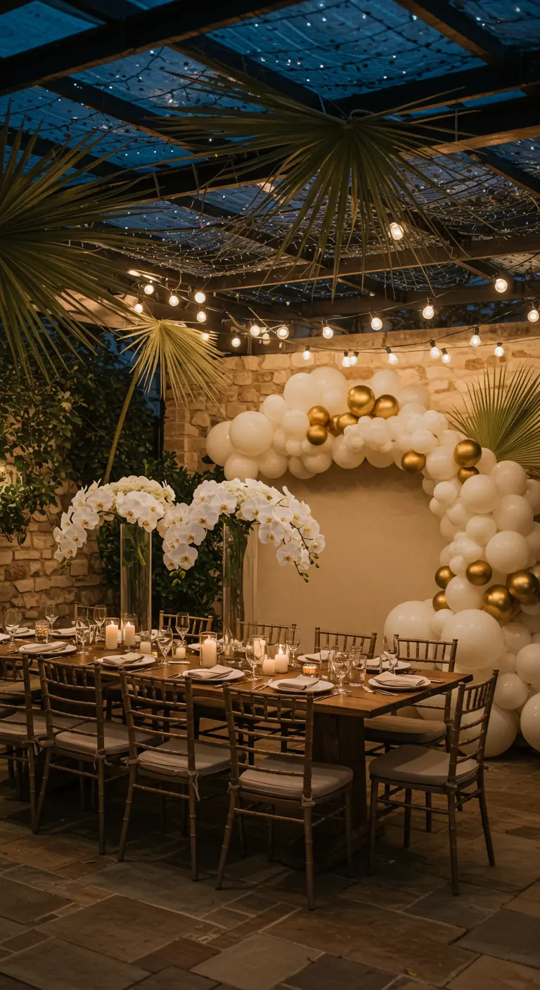 Dîner nocturne en extérieur avec guirlandes lumineuses et arche de ballons blancs et or.