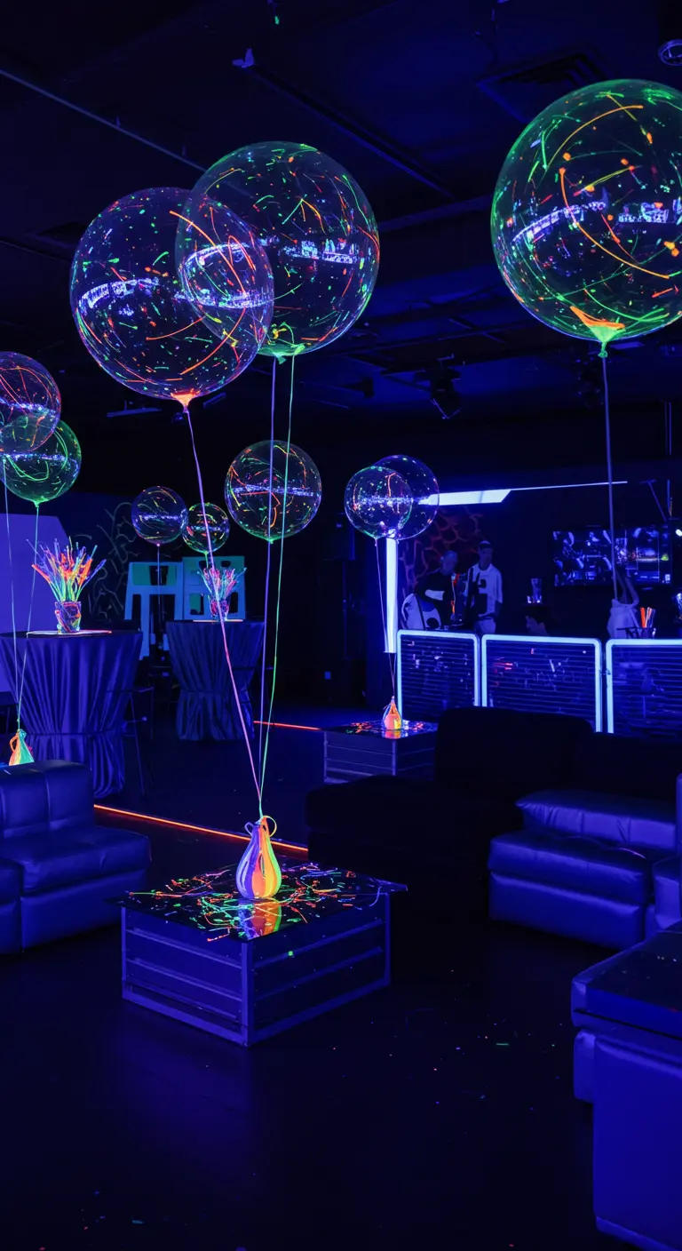Ballons transparents éclaboussés de peinture fluo brillant sous une lumière noire.