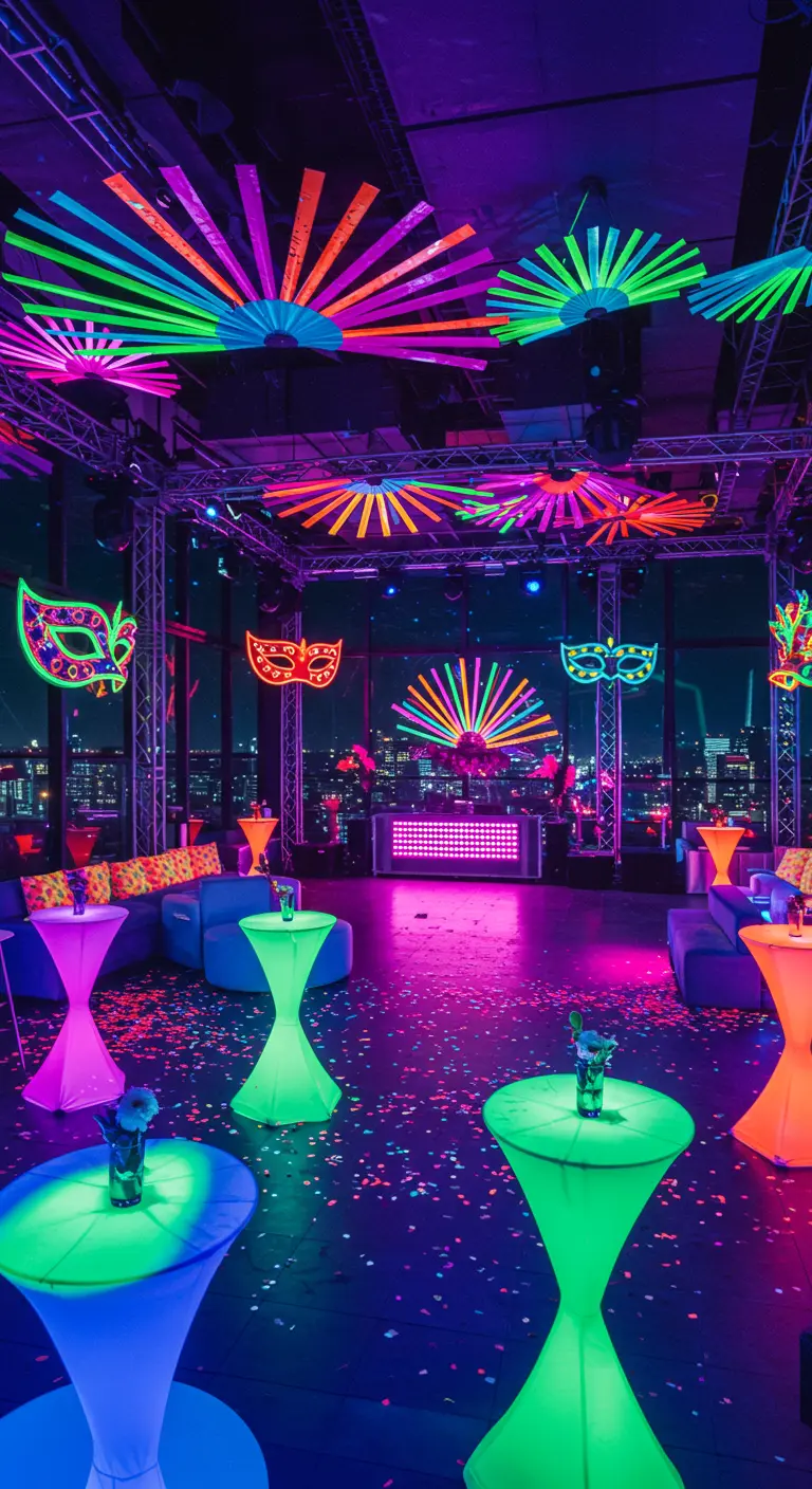 Salle de fête moderne avec éclairage néon, masques fluorescents, tables lumineuses et confettis au sol.
