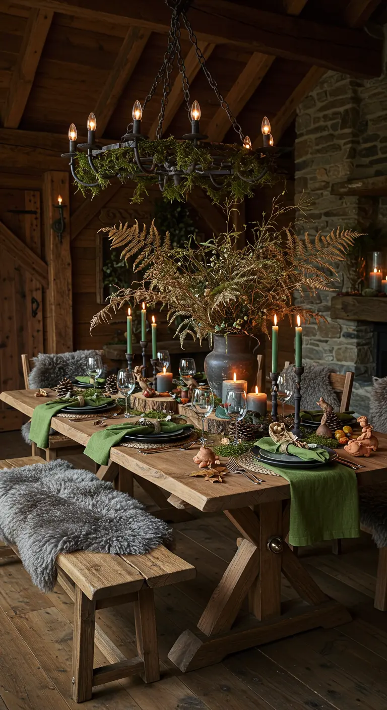 Table rustique en bois dans un chalet avec chemin de table vert, centre de table de fougères séchées et bougies vertes.