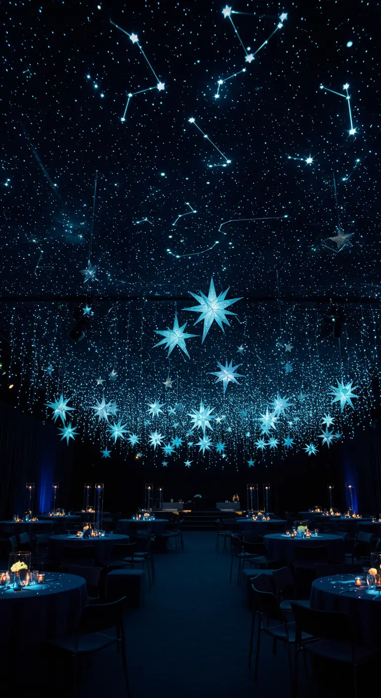 Plafond sombre projetant des constellations avec des étoiles bleutées suspendues.