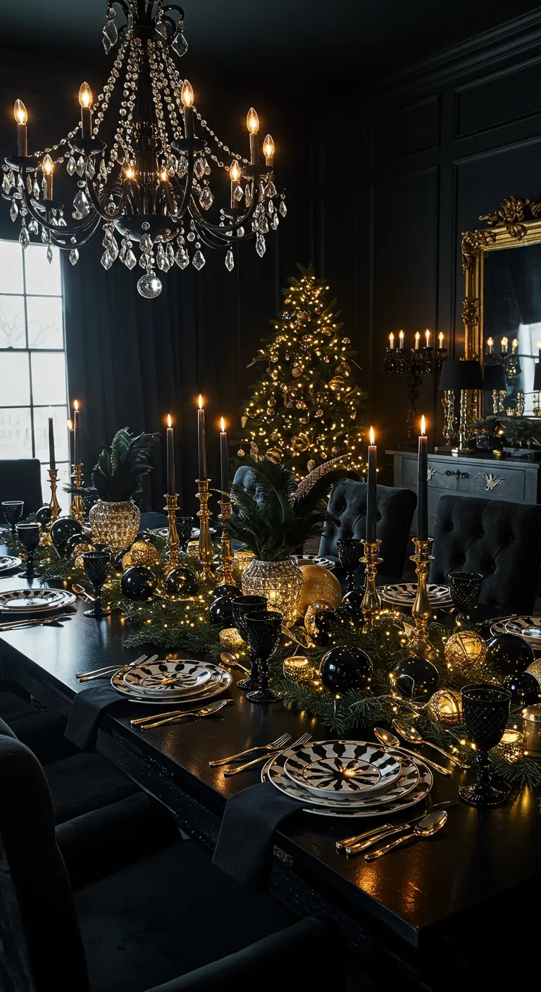 Table noire avec chemin de table sapin, boules noires/dorées, bougies noires et ambiance glamour.