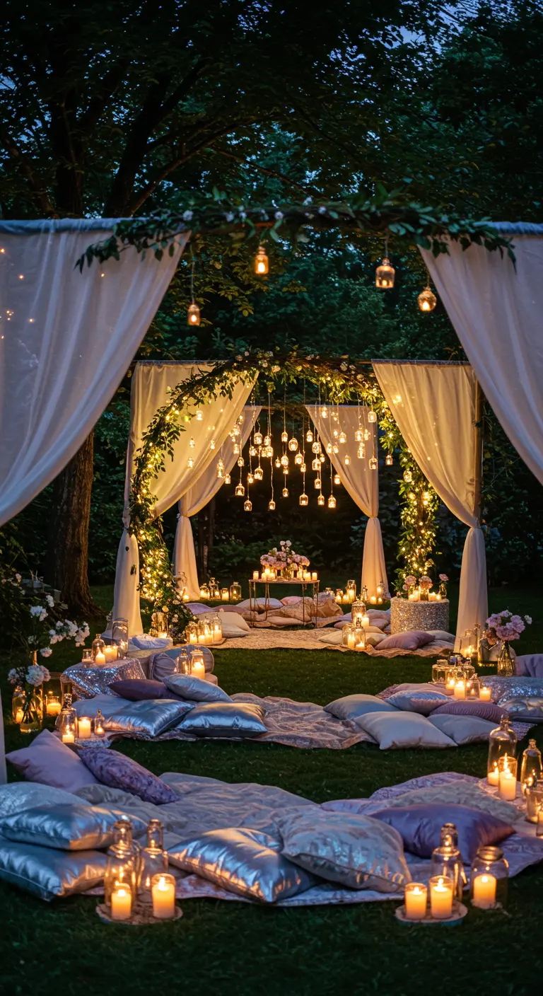 Espace lounge nocturne dans un jardin, illuminé par des centaines de bougies au sol et des voilages.