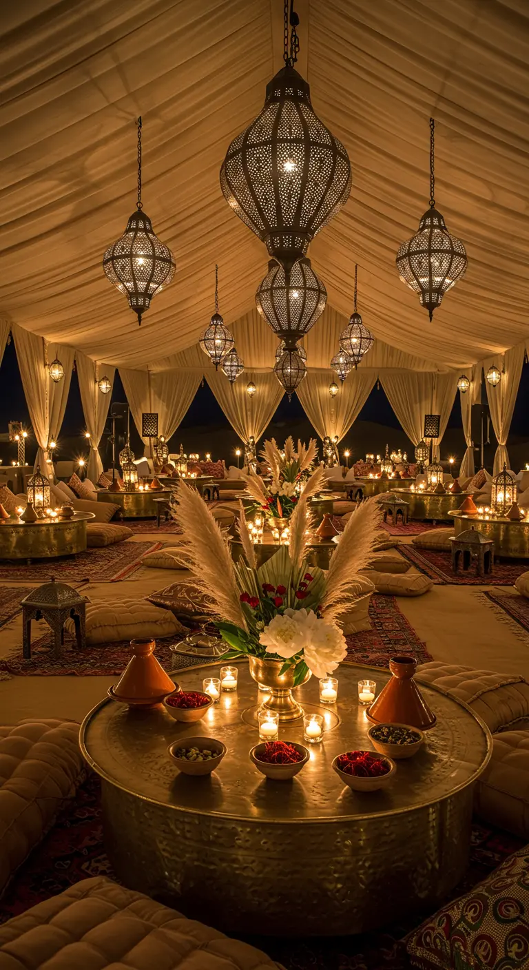 Intérieur de tente avec tables basses, coussins et nombreuses lanternes.