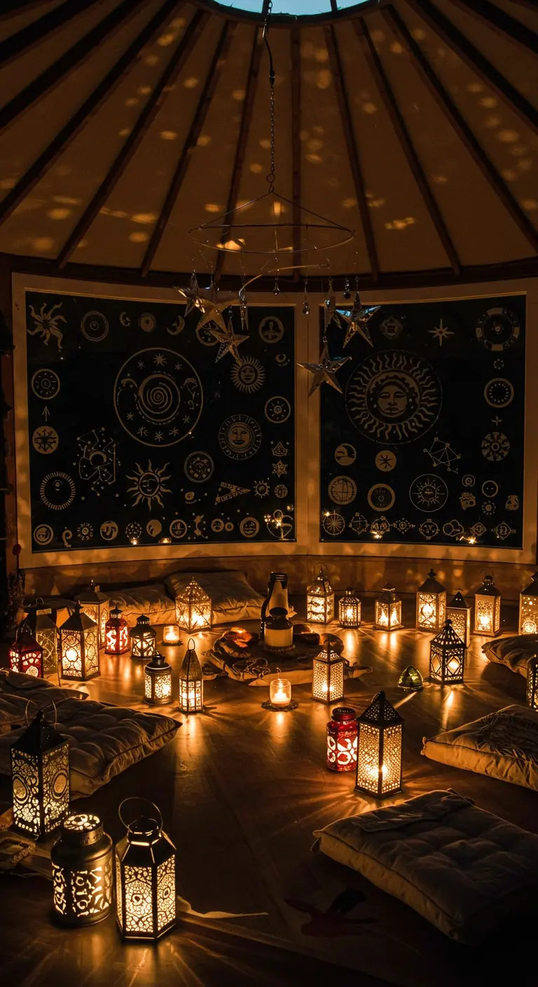 Intérieur d'une yourte la nuit, décorée de motifs célestes et de nombreuses lanternes au sol.