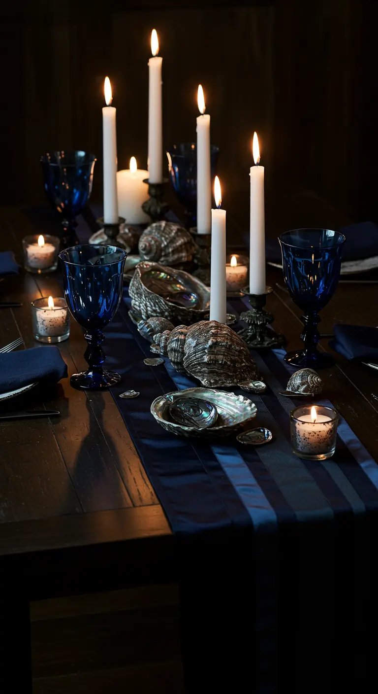 Table de dîner sombre éclairée à la bougie avec des coquillages nacrés et des verres bleus.