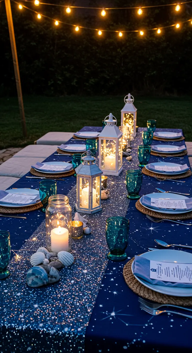 Table de jardin thème marin avec nappe bleue pailletée, lanternes blanches et verres turquoises.