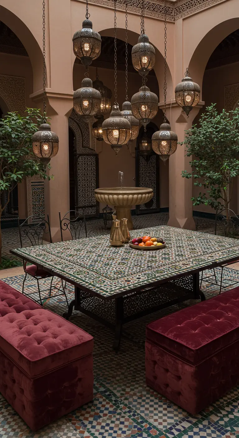 Table basse en mosaïque dans une cour marocaine avec des lanternes suspendues.