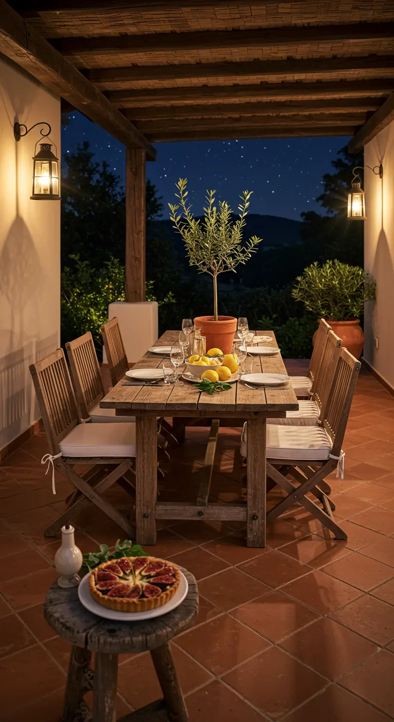 Table extérieure rustique sous une pergola, olivier en pot, citrons, lanternes, ciel étoilé.