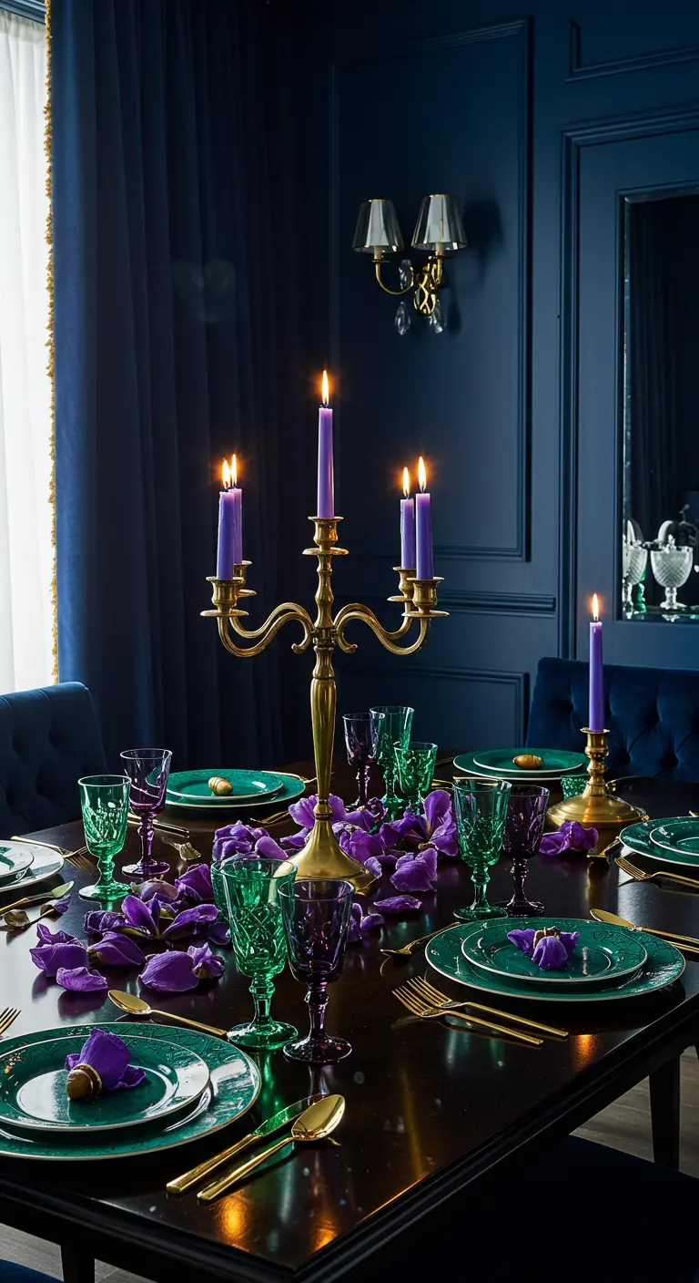 Table de dîner élégante avec des murs bleus, un chandelier doré et des bougies violettes.