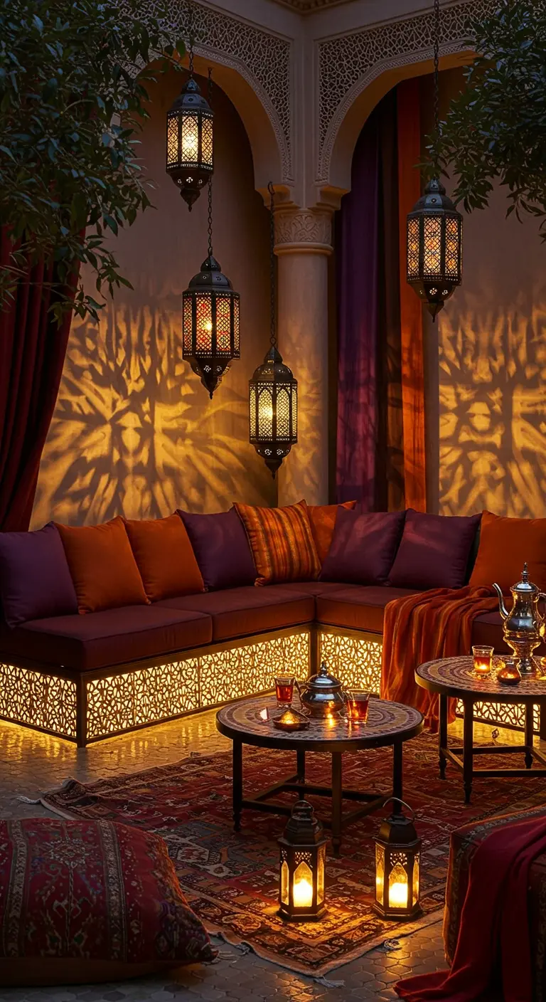 Canapé d'angle orange/violet avec LED à motifs, lanternes marocaines, dans une cour orientale.