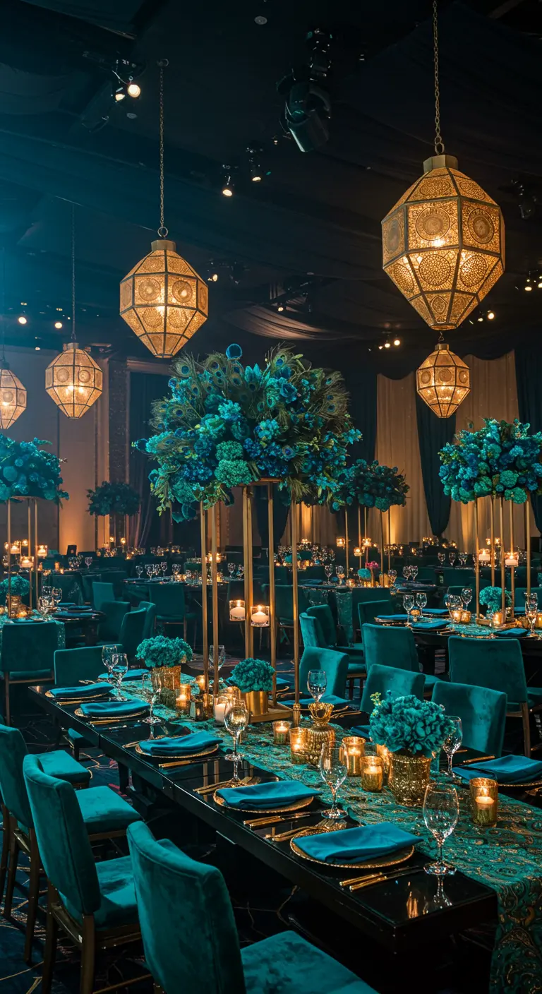 Réception élégante avec des chaises en velours bleu canard et de grandes lanternes dorées.