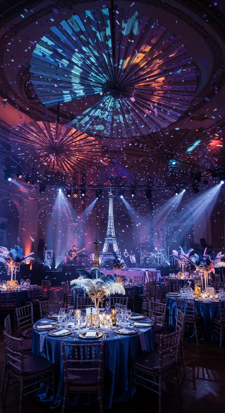 Salle de réception chic sur le thème de Paris avec Tour Eiffel lumineuse, confettis et plumes.