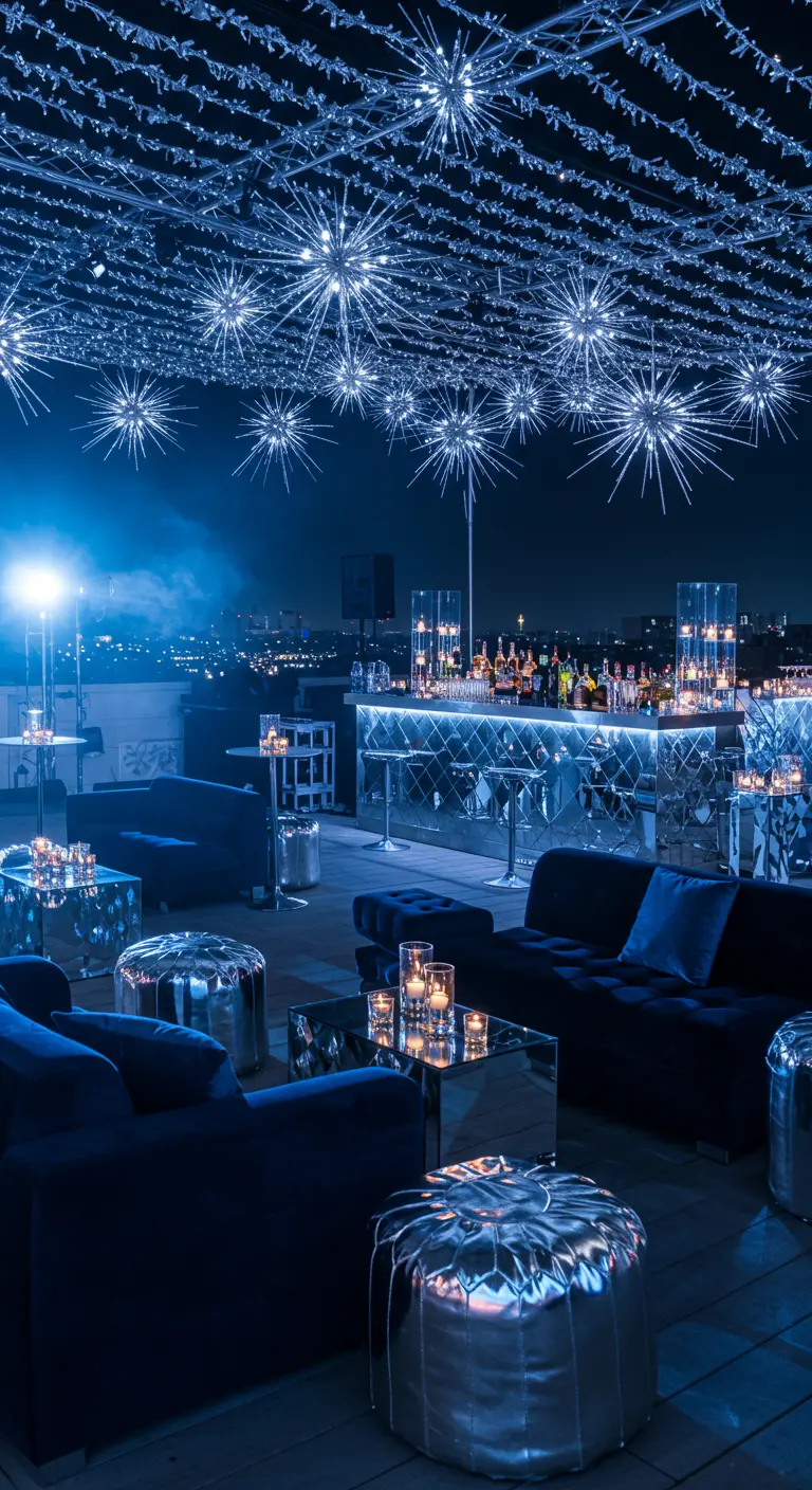 Rooftop ambiance hivernale avec lumières LED bleues et blanches, suspensions étoiles, mobilier velours bleu.