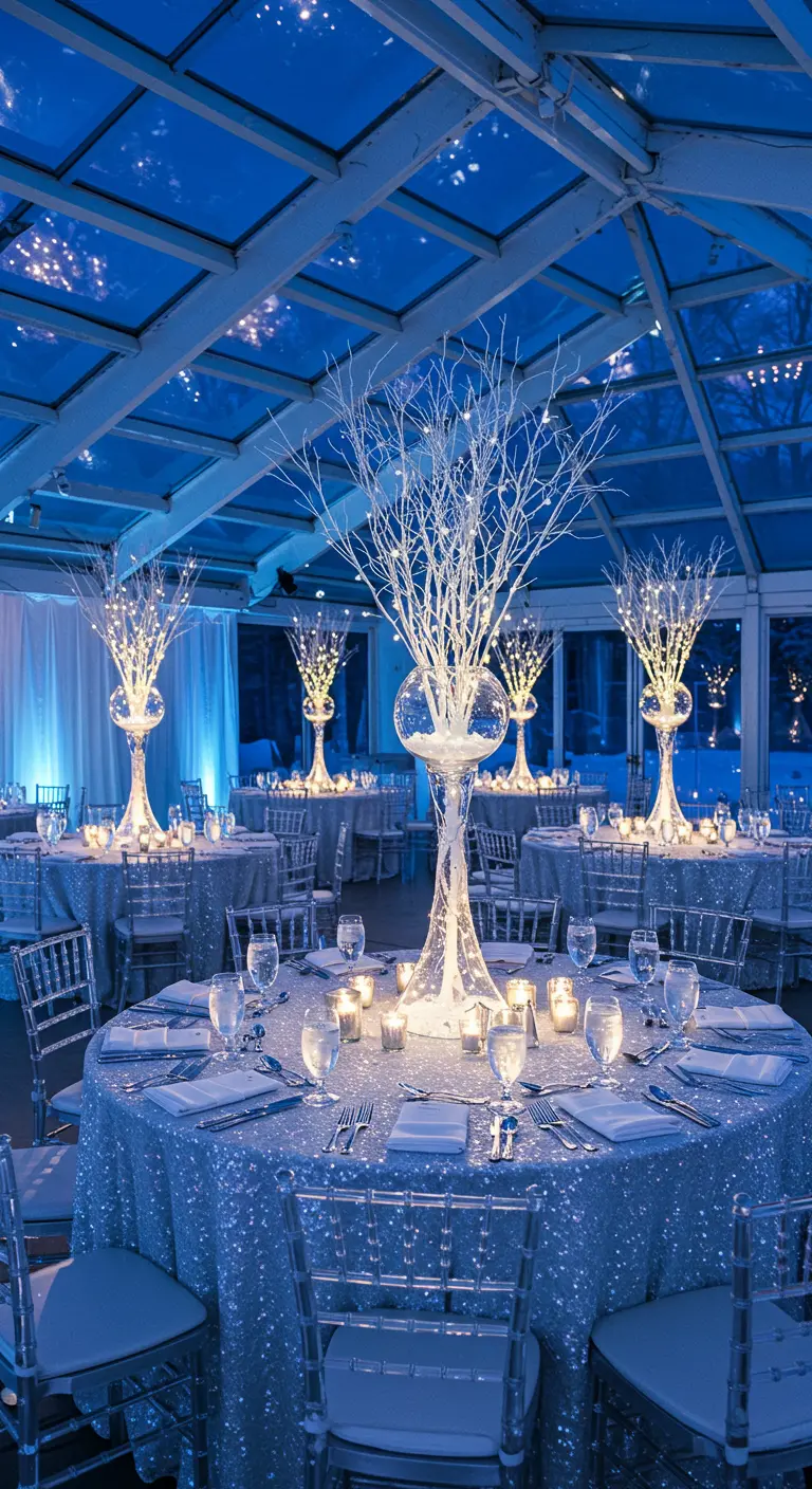 Tables rondes sous un dôme vitré éclairé en bleu, branches blanches lumineuses.