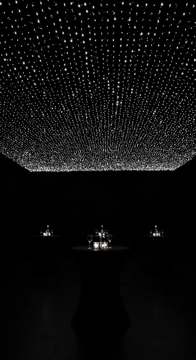 Plafond noir entièrement recouvert de milliers de petites lumières blanches.