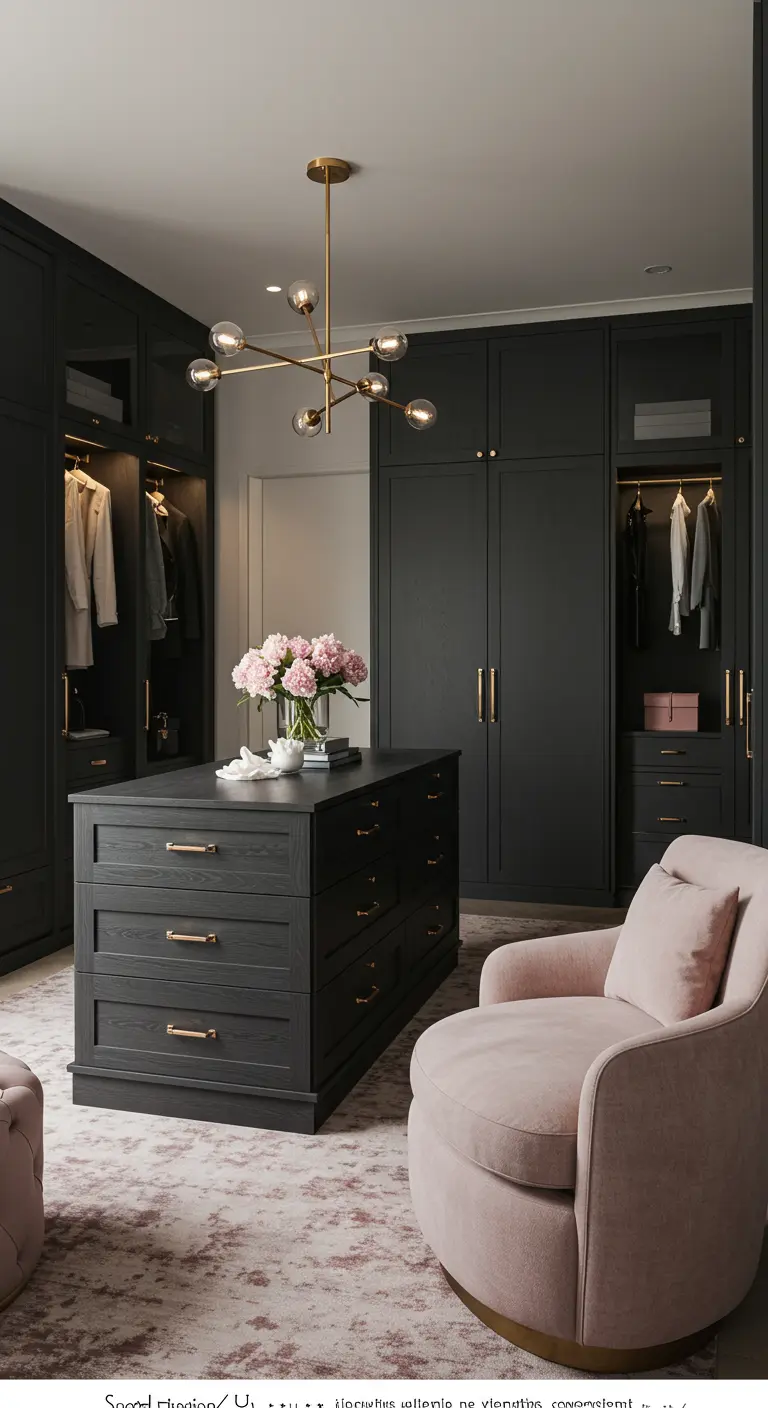 Dressing noir sophistiqué avec îlot central, fauteuil rose poudré, lustre moderne.