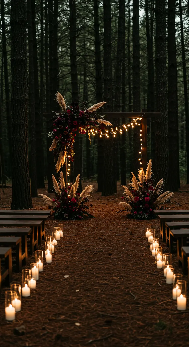Arche en bois dans une forêt la nuit, illuminée par des guirlandes et des bougies.