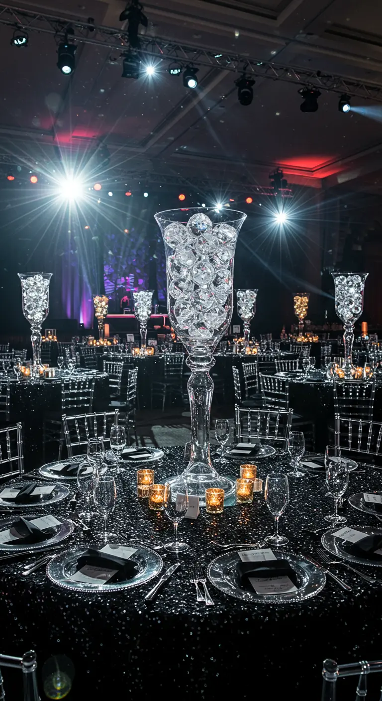 Table de gala avec nappe à sequins noirs et grands verres remplis de cristaux.
