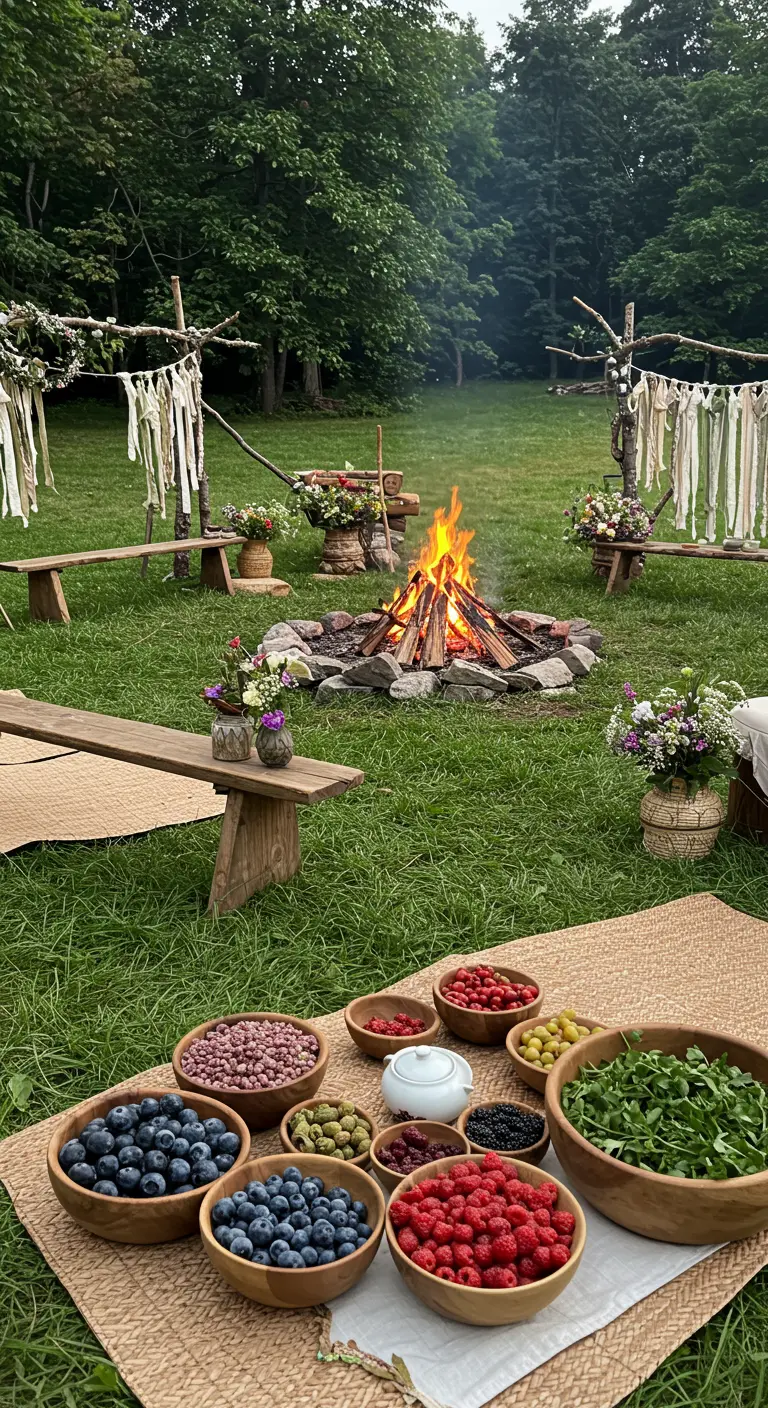 Feu de camp en extérieur avec des bancs en bois, un buffet de fruits dans des bols en bois et des décorations en tissu.