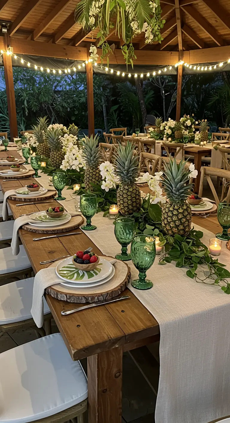 Longue table en bois avec ananas, orchidées blanches, feuillage, verres verts, bougies et guirlande lumineuse.