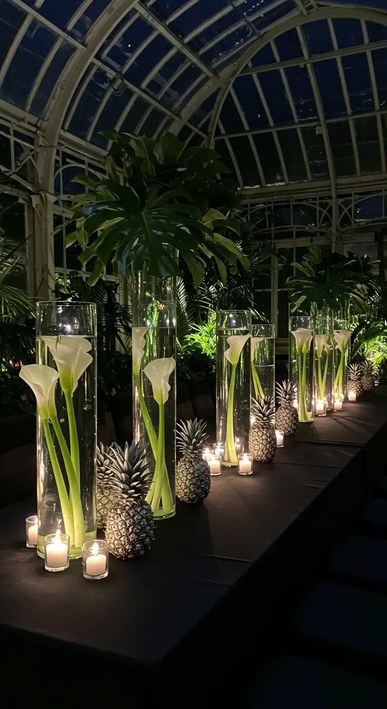 Ambiance nocturne avec de hauts vases cylindriques contenant des arums et des ananas.