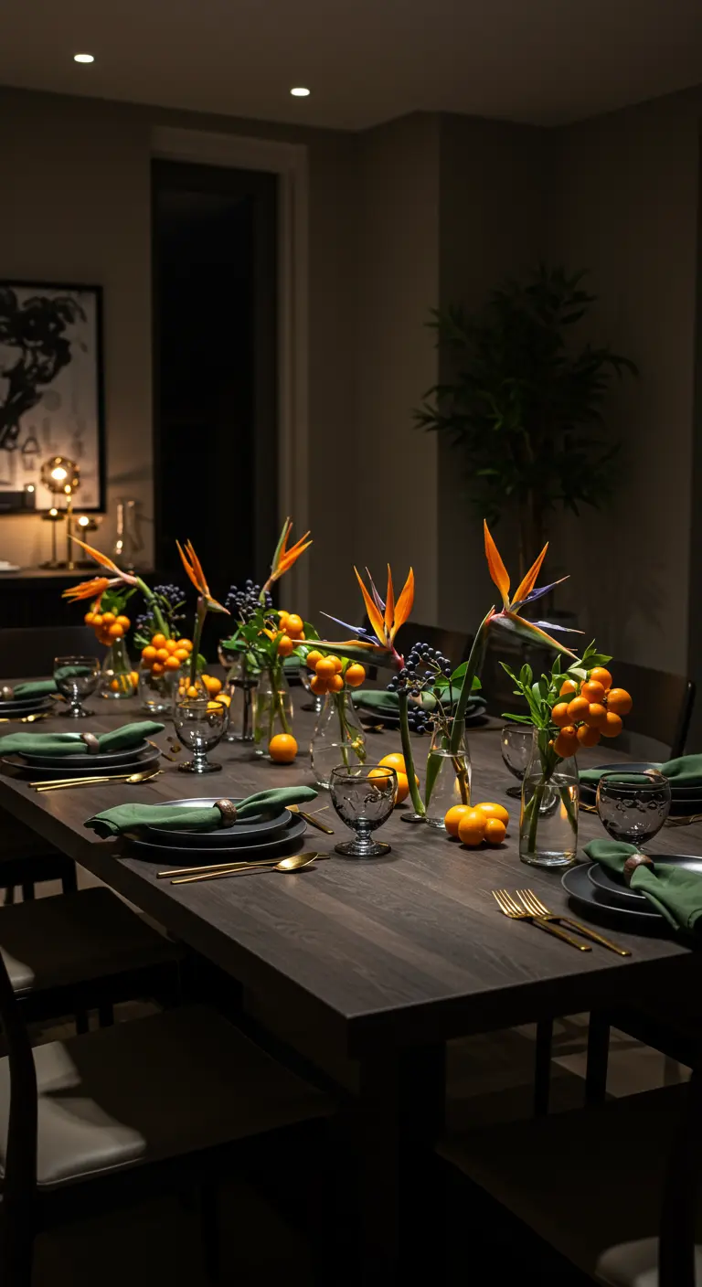 Table en bois sombre avec vases d'oiseaux de paradis, kumquats et serviettes vertes.