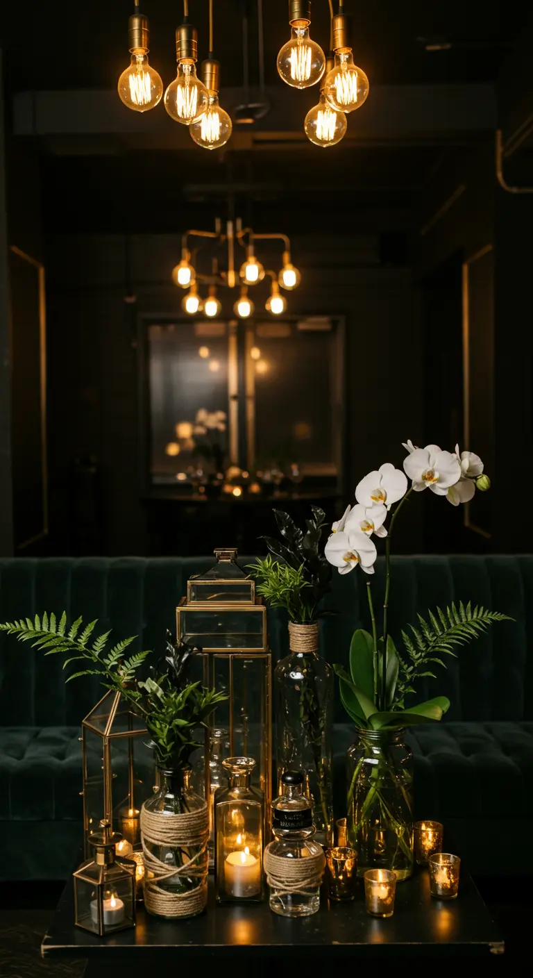 Décoration chic et sombre avec orchidées, fougères dans des bocaux, lanternes géométriques et lumières chaudes.