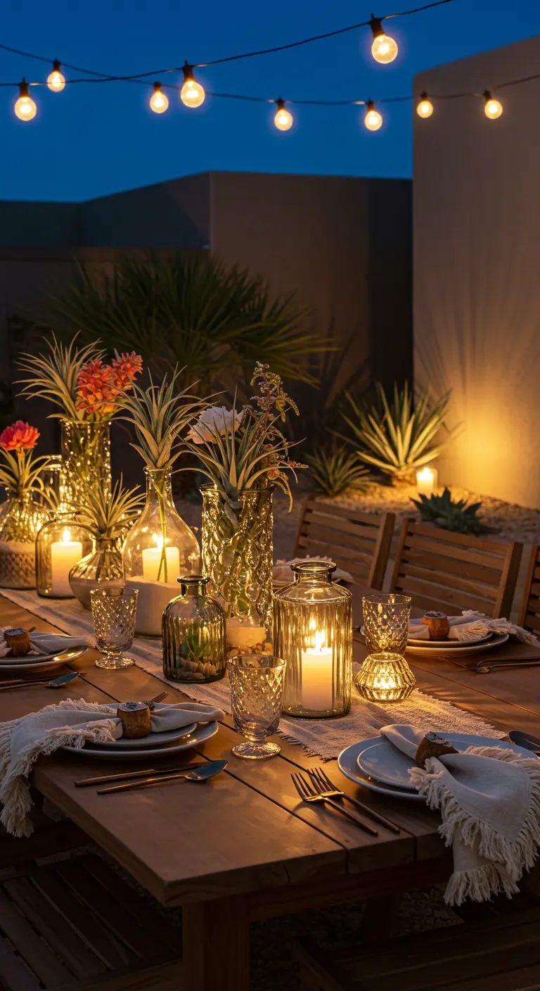 Table extérieure la nuit avec vases de plantes exotiques, bougies et guirlandes lumineuses.