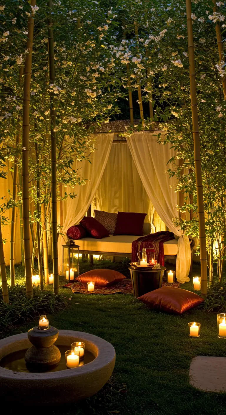Chambre extérieure romantique avec voilages blancs, bougies, fontaine et bambous éclairés.