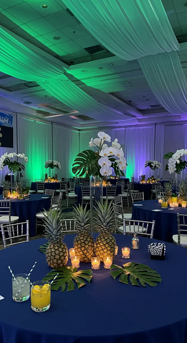 Salle de réception avec un éclairage vert et bleu, tables avec ananas.