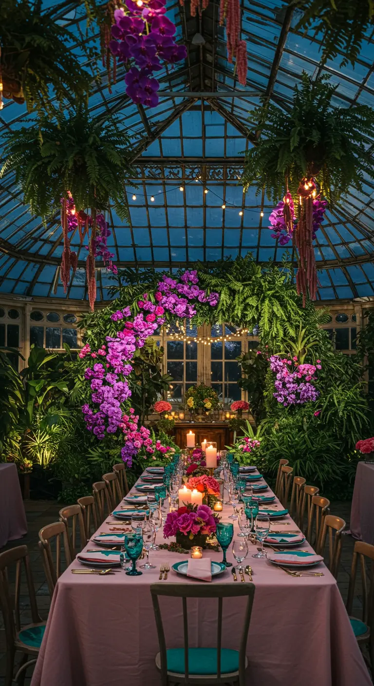 Dîner nocturne dans une serre avec une arche de fleurs tropicales fuchsia et un éclairage tamisé.