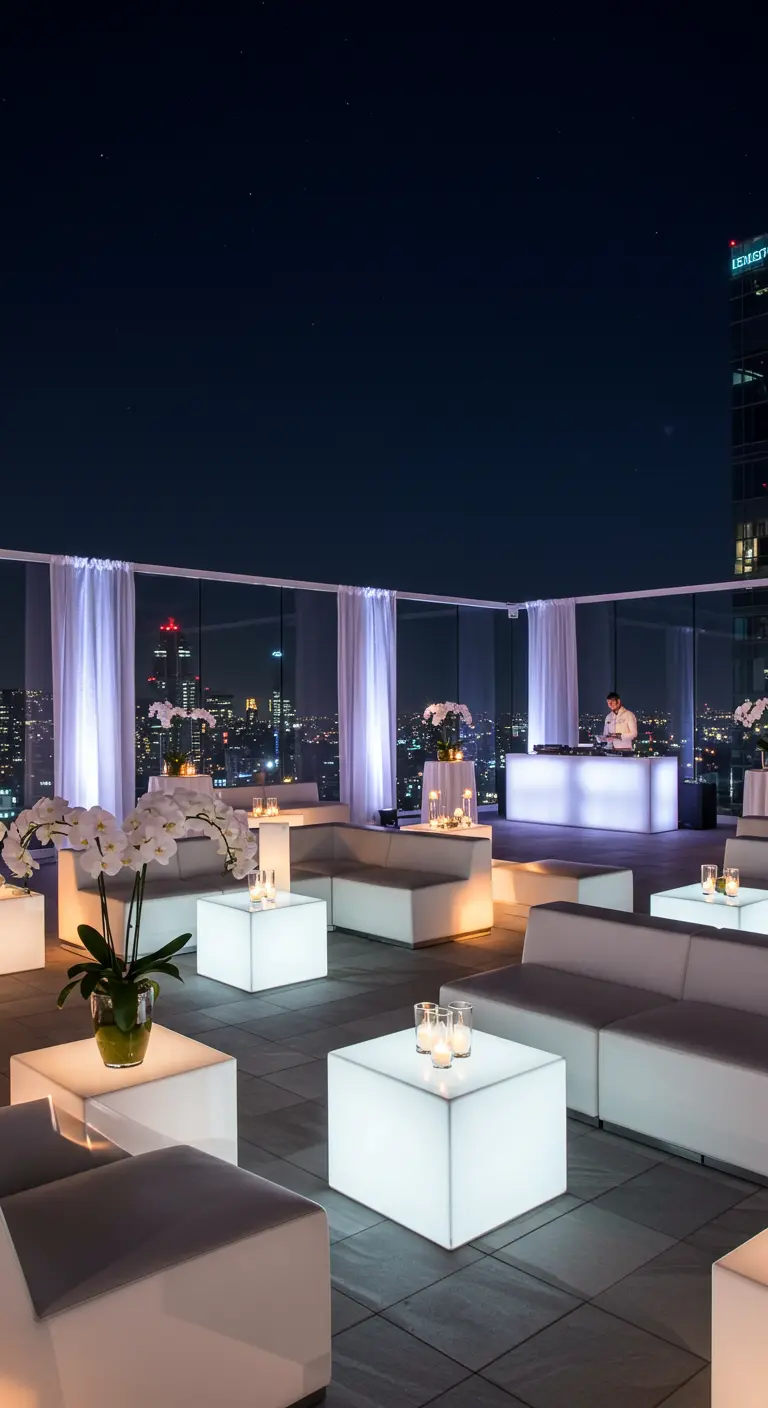 Rooftop de ville la nuit avec salon blanc, cubes lumineux et DJ, fond de gratte-ciel scintillants.