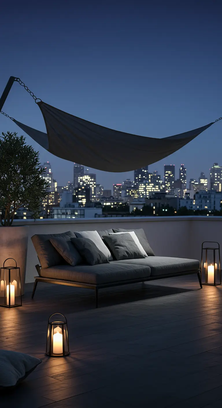 Lit de jour moderne sur un toit-terrasse avec des lanternes