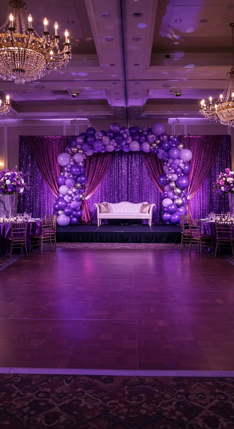 Salle de bal violette avec rideaux scintillants, arche de ballons violets et canapé blanc.