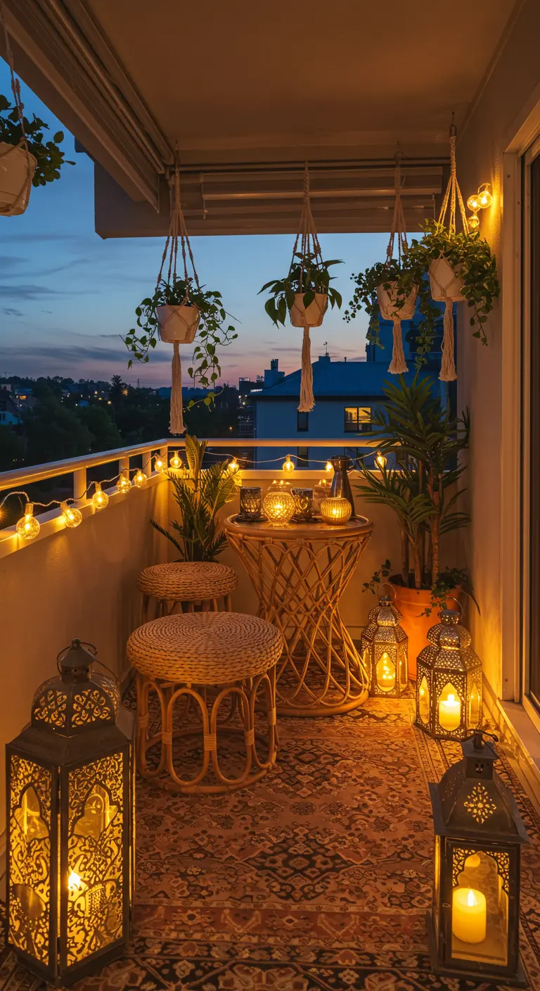 Balcon bohème illuminé par des guirlandes et des lanternes la nuit.
