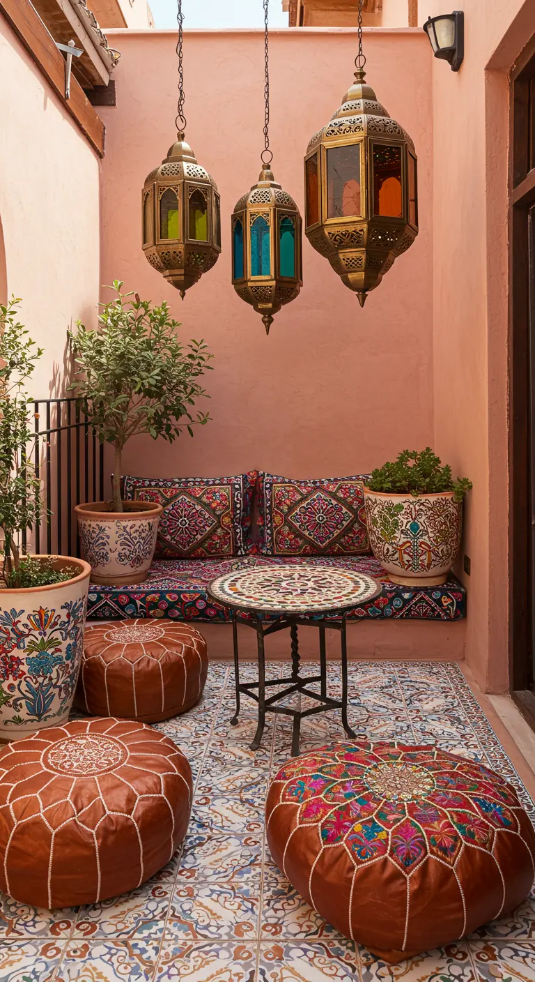 Patio d'inspiration marocaine avec des lanternes suspendues et des poufs en cuir.